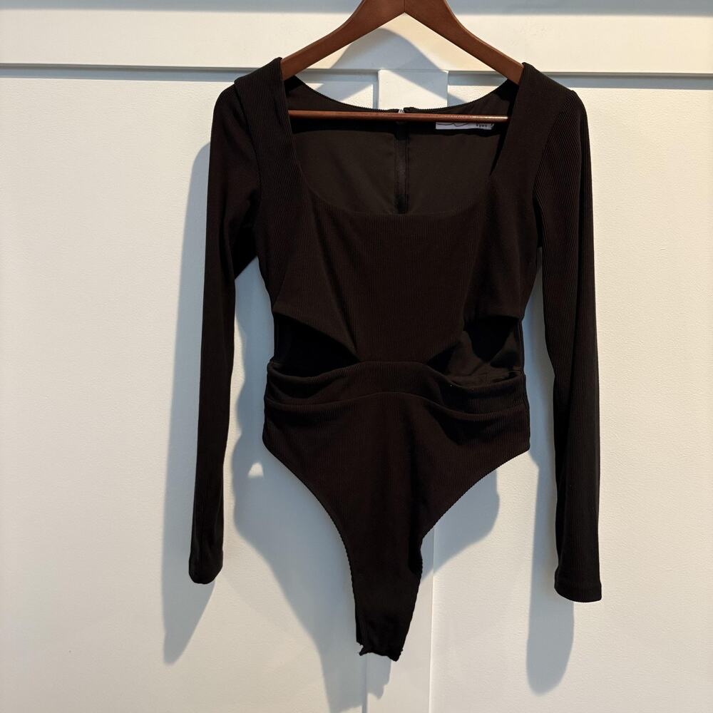 By Egreis Bodysuit Womens Medium Black Long Sleeve Cutout Stretch Knit Top